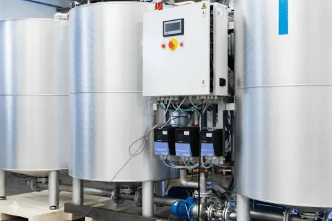 Indoor water treatment system with control panel and tanks