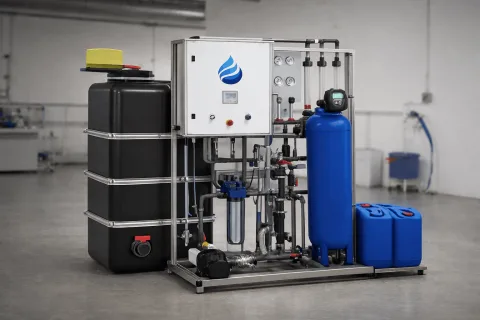 Large blue pressurized treatment tanks with industrial piping